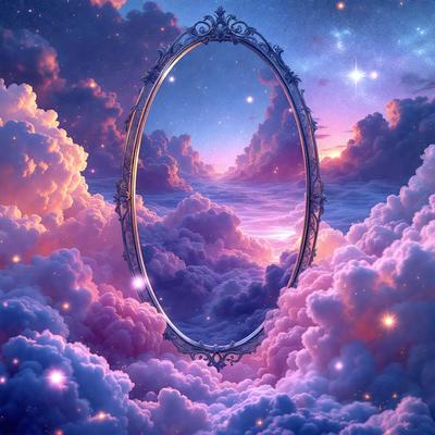 The primary subject of the image is a large, ornate mirror with a frame, reflecting a beautiful and colorful sky. The mirror is placed in a setting that features a cloudy sky, which adds to the overall atmosphere of the image. The visual style of the image is a combination of digital art and illustration, creating a surreal and dreamy scene. The colors in the image are predominantly purple and pink, giving the scene a serene and calming mood.